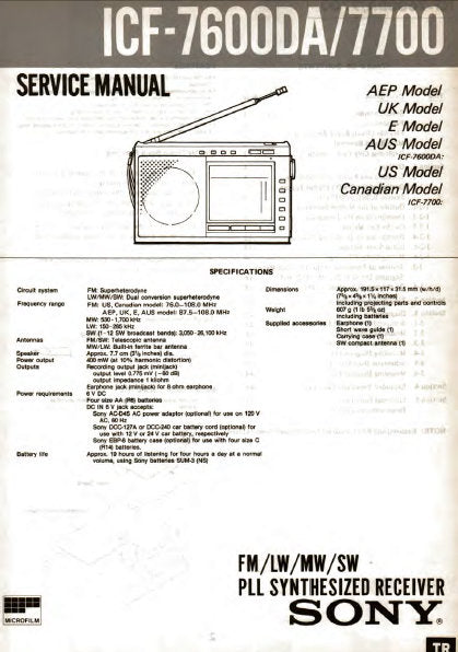 SONY ICF-7600DA ICF-7700 FM LW MW SW PLL SYNTHESIZED RECEIVER SERVICE MANUAL INC BLK DIAG PCBS SCHEM DIAGS AND PARTS LIST 22 PAGES ENG