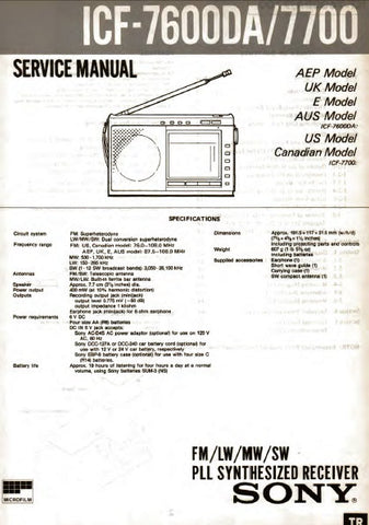 SONY ICF-7600DA ICF-7700 FM LW MW SW PLL SYNTHESIZED RECEIVER SERVICE MANUAL INC BLK DIAG PCBS SCHEM DIAGS AND PARTS LIST 22 PAGES ENG