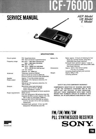 SONY ICF-7600D FM LW MW SW PLL SYNTHESIZED RECEIVER SERVICE MANUAL INC BLK DIAG PCBS SCHEM DIAGS AND PARTS LIST 48 PAGES ENG