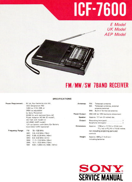 SONY ICF-7600 FM MW SW 7 BAND RECEIVER SERVICE MANUAL INC BLK DIAG PCBS SCHEM DIAGS AND PARTS LIST 16 PAGES ENG
