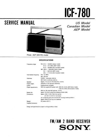 SONY ICF-780 FM AM 2 BAND RECEIVER SERVICE MANUAL INC PCB SCHEM DIAG AND PARTS LIST 11 PAGES ENG