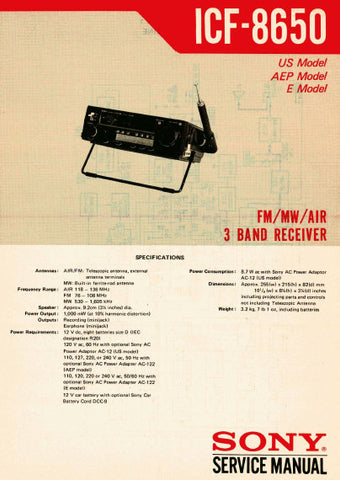 SONY ICF-8650 FM MW AIR 3 BAND RECEIVER SERVICE MANUAL INC BLK DIAG PCBS SCHEM DIAG AND PARTS LIST 14 PAGES ENG
