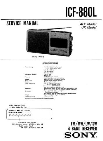SONY ICF-880L FM MW LW SW 4 BAND RECEIVER SERVICE MANUAL INC PCBS SCHEM DIAG AND PARTS LIST 14 PAGES ENG