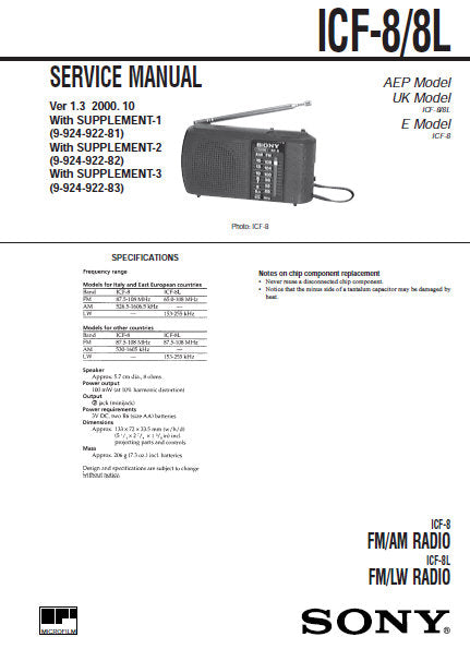 SONY ICF-8 FM AM RADIO ICF-8L FM LW SERVICE MANUAL INC PCB SCHEM DIAG AND PARTS LIST 13 PAGES ENG
