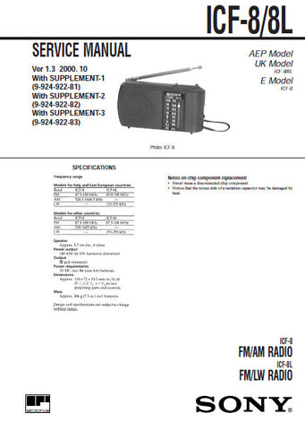 SONY ICF-8 FM AM RADIO ICF-8L FM LW SERVICE MANUAL INC PCB SCHEM DIAG AND PARTS LIST 13 PAGES ENG