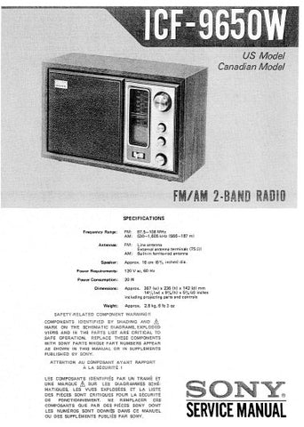 SONY ICF-9650W FM AM 2 BAND RADIO SERVICE MANUAL INC BLK DIAG PCBS SCHEM DIAG AND PARTS LIST 12 PAGES ENG