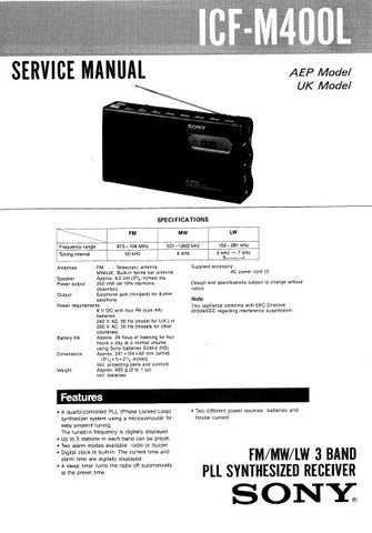 SONY ICF-M400L FM MW LW 3 BAND PLL SYNTHESIZED RECEIVER SERVICE MANUAL INC PCBS SCHEM DIAG AND PARTS LIST 13 PAGES ENG