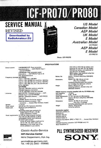 SONY ICF-PRO70 ICF-PRO80 PLL SYNTHESIZED RECEIVER SERVICE MANUAL INC PCBS SCHEM DIAGS AND PARTS LIST 38 PAGES ENG