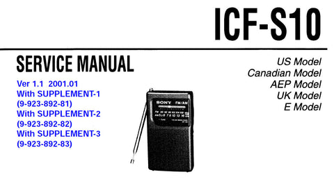 SONY ICF-S10 FM AM RADIO SERVICE MANUAL INC PCB SCHEM DIAG AND PARTS LIST 15 PAGES ENG