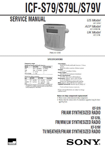 SONY ICF-S79 FM AM SYNTHESIZED RADIO ICF-S79L FM MW LW SYNTHESIZED RADIO ICF-S79V TV WEATHER FM AM RADIO SERVICE MANUAL INC PCB SCHEM DIAGS AND PARTS LIST 16 PAGES ENG