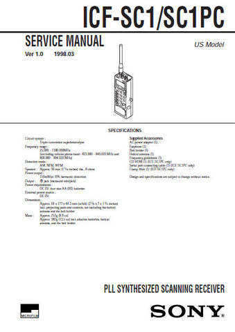 SONY ICF-SC1 ICF-SC1PC PLL SYNTHESIZED SCANNING RECEIVER SERVICE MANUAL INC BLK DIAG  PCBS SCHEM DIAGS AND PARTS LIST 35 PAGES ENG
