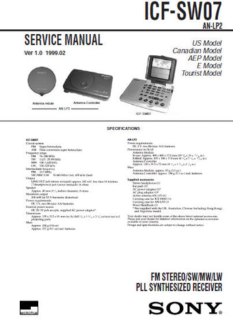 SONY ICF-SW07 FM STEREO SW MW LW PLL SYNTHESIZED RECEIVER AN-LP2 ANTENNA SERVICE MANUAL INC BLK DIAGS PCBS SCHEM DIAGS AND PARTS LIST 57 PAGES ENG