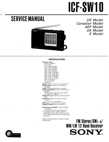 SONY ICF-SW10 FM STEREO SW 1-9 MW LW 12 BAND RECEIVER SERVICE MANUAL INC PCBS SCHEM DIAG AND PARTS LIST 15 PAGES ENG