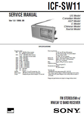 SONY ICF-SW11 FM STEREO SW 1-9 MW LW 12 BAND RECEIVER SERVICE MANUAL INC PCBS SCHEM DIAG AND PARTS LIST 12 PAGES ENG