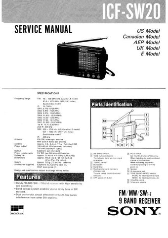 SONY ICF-SW20 FM MW SW 1-7 9 BAND RECEIVER SERVICE MANUAL INC PCBS SCHEM DIAG AND PARTS LIST 8 PAGES ENG