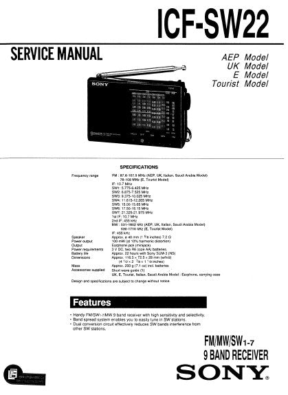 SONY ICF-SW22 FM MW SW 1-7 9 BAND RECEIVER SERVICE MANUAL INC PCBS SCHEM DIAG AND PARTS LIST 15 PAGES ENG