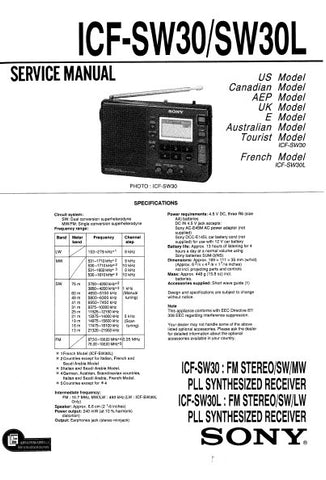 SONY ICF-SW30 FM STEREO SW MW PLL SYNTHESIZER RECEIVER ICF-SW30L FM STEREO SW LW PLL SYNTHESIZED RECEIVER SERVICE MANUAL INC BLK DIAG PCBS SCHEM DIAG AND PARTS LIST 28 PAGES ENG