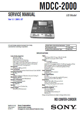 SONY MDCC-2000 MD CONFER-CORDER SERVICE MANUAL VER 1.1 INC BLK DIAGS PCBS SCHEM DIAGS AND PARTS LIST 112 PAGES ENG US MODEL
