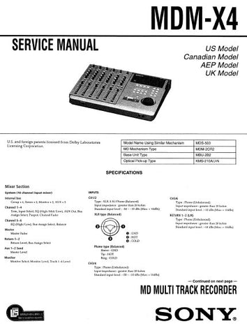 SONY MDM-X4 MULTI TRACK RECORDER SERVICE MANUAL INC BLK DIAGS PCBS SCHEM DIAGS AND PARTS LIST 112 PAGES ENG