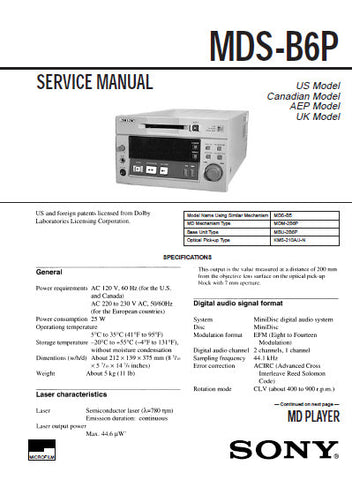 SONY MDS-B6P MD PLAYER SERVICE MANUAL INC BLK DIAGS PCBS SCHEM DIAGS AND PARTS LIST 91 PAGES ENG
