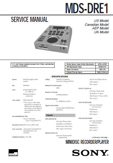 SONY MDS-DRE1 MINIDISC RECORDER SERVICE MANUAL INC BLK DIAGS PCBS SCHEM DIAGS AND PARTS LIST 77 PAGES ENG