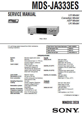 SONY MDS-JA333ES MINIDISC DECK SERVICE MANUAL INC BLK DIAGS PCBS SCHEM DIAGS AND PARTS LIST 95 PAGES ENG