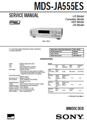 SONY MDS-JA555ES MINIDISC DECK SERVICE MANUAL INC BLK DIAGS PCBS SCHEM DIAGS AND PARTS LIST 88 PAGES ENG