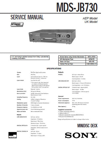 SONY MDS-JB730 MINIDISC DECK SERVICE MANUAL INC BLK DIAGS PCBS SCHEM DIAGS AND PARTS LIST 64 PAGES ENG