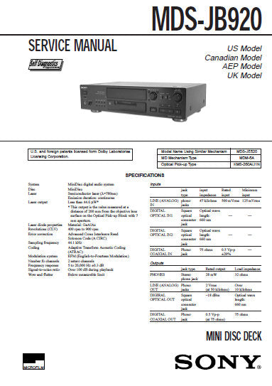 SONY MDS-JB920 MINI DISC DECK SERVICE MANUAL INC BLK DIAGS PCBS SCHEM DIAGS AND PARTS LIST 72 PAGES ENG