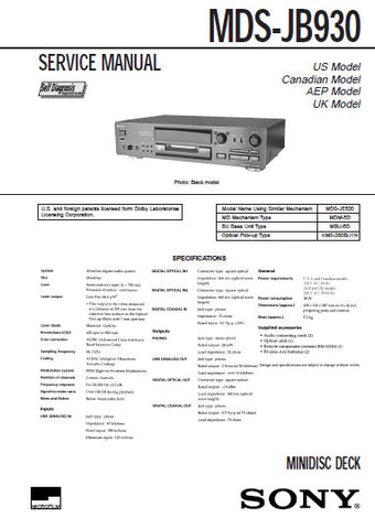 SONY MDS-JB930 MINIDISC DECK SERVICE MANUAL INC BLK DIAGS PCBS SCHEM DIAGS AND PARTS LIST 74 PAGES ENG