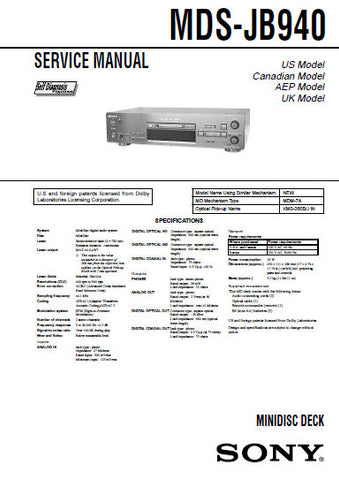 SONY MDS-JB940 MINIDISC DECK SERVICE MANUAL INC BLK DIAGS PCBS SCHEM DIAGS AND PARTS LIST 74 PAGES ENG