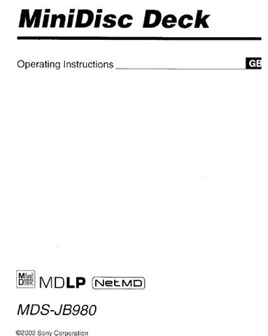SONY MDS-JE20 MINIDISC DECK OPERATING INSTRUCTIONS 60 PAGES ENG