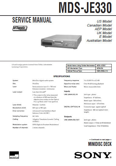 SONY MDS-JE330 MINIDISC DECK SERVICE MANUAL INC BLK DIAGS PCBS SCHEM DIAGS AND PARTS LIST 58 PAGES ENG
