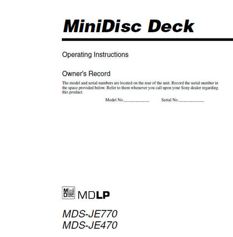 SONY MDS-JE470 MDS-JE770 MINIDISC DECK OPERATING INSTRUCTIONS 48 PAGES ENG
