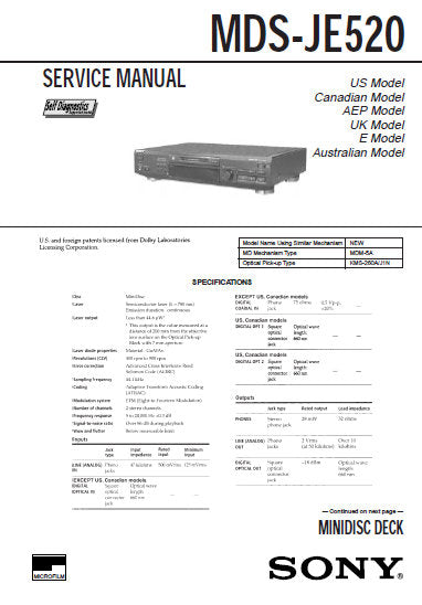 SONY MDS-JE520 MINIDISC DECK SERVICE MANUAL INC BLK DIAGS PCBS SCHEM DIAGS AND PARTS LIST 81 PAGES ENG