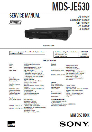 SONY MDS-JE530 MINIDISC DECK SERVICE MANUAL INC BLK DIAGS PCBS SCHEM DIAGS AND PARTS LIST 64 PAGES ENG