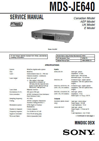 SONY MDS-JE640 MINIDISC DECK SERVICE MANUAL INC BLK DIAGS PCBS SCHEM DIAGS AND PARTS LIST 66 PAGES ENG