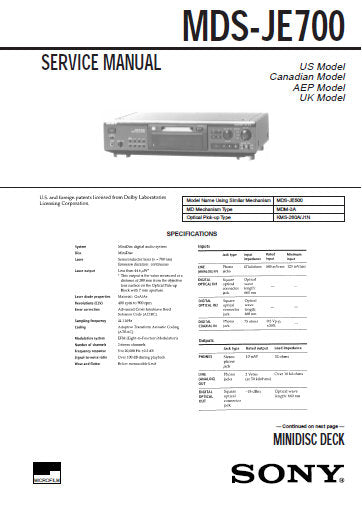 SONY MDS-JE700 MINIDISC DECK SERVICE MANUAL INC BLK DIAGS PCBS SCHEM DIAGS AND PARTS LIST 74 PAGES ENG