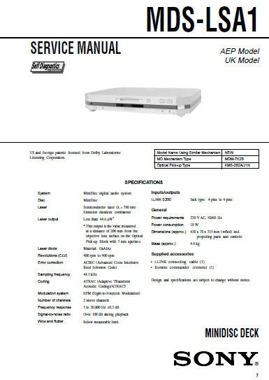 SONY MDS-LSA1 MINIDISC DECK SERVICE MANUAL INC BLK DIAGS PCBS SCHEM DIAGS AND PARTS LIST 80 PAGES ENG