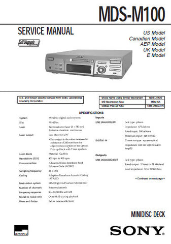 SONY MDS-M100 MINIDISC DECK SERVICE MANUAL INC BLK DIAGS PCBS SCHEM DIAGS AND PARTS LIST 60 PAGES ENG
