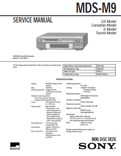 SONY MDS-M9 MINIDISC DECK SERVICE MANUAL INC BLK DIAGS PCBS SCHEM DIAGS AND PARTS LIST 50 PAGES ENG