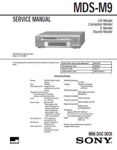 SONY MDS-M9 MINIDISC DECK SERVICE MANUAL INC BLK DIAGS PCBS SCHEM DIAGS AND PARTS LIST 50 PAGES ENG