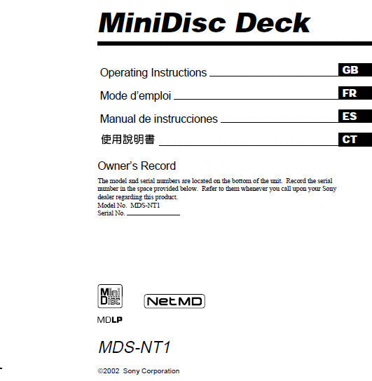 SONY MDS-NT1 MINIDISC DECK OPERATING INSTRUCTIONS 46 PAGES ENG FRANC ESP CT