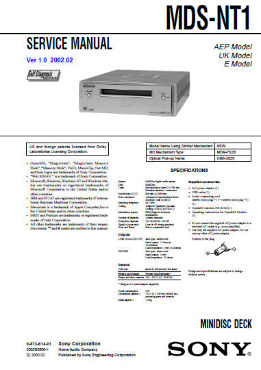 SONY MDS-NT1 MINIDISC DECK SERVICE MANUAL INC BLK DIAGS PCBS SCHEM DIAGS AND PARTS LIST 70 PAGES ENG