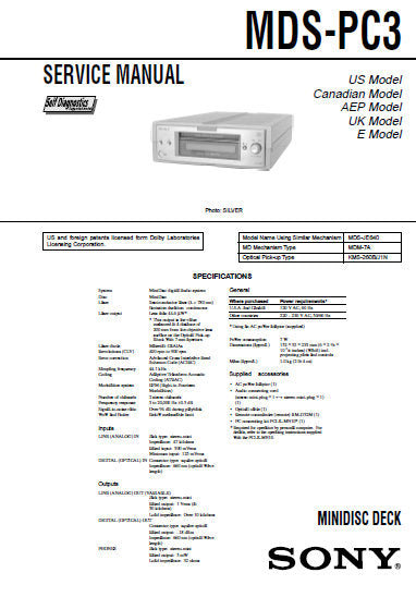 SONY MDS-PC3 MINIDISC DECK SERVICE MANUAL INC BLK DIAGS PCBS SCHEM DIAGS AND PARTS LIST 62 PAGES ENG