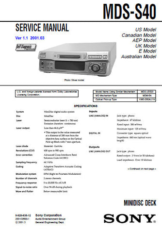 SONY MDS-S40 MINIDISC DECK SERVICE MANUAL INC BLK DIAGS PCBS SCHEM DIAGS AND PARTS LIST 60 PAGES ENG