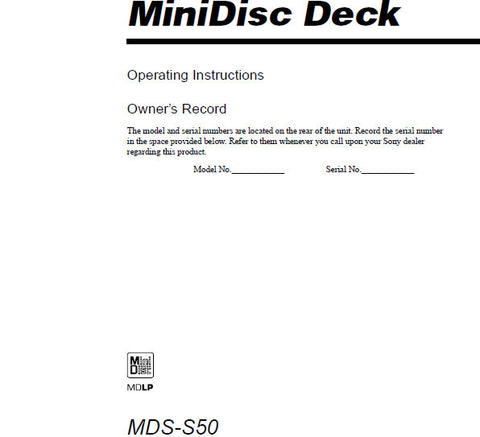 SONY MDS-S50 MINIDISC DECK OPERATING INSTRUCTIONS 36 PAGES ENG