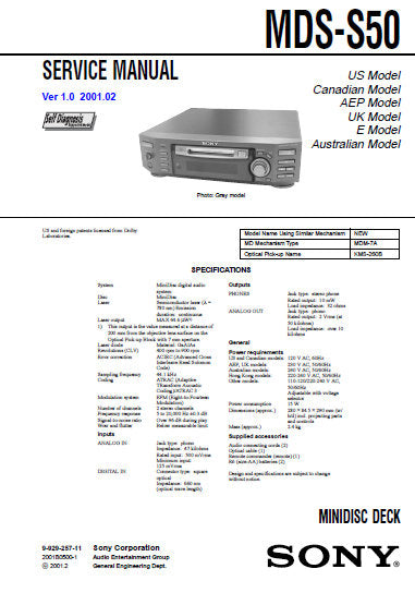 SONY MDS-S50 MINIDISC DECK SERVICE MANUAL INC BLK DIAGS PCBS SCHEM DIAGS AND PARTS LIST 70 PAGES ENG