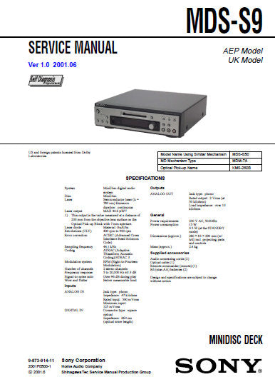 SONY MDS-S9 MINIDISC DECK SERVICE MANUAL INC BLK DIAGS PCBS SCHEM DIAGS AND PARTS LIST 62 PAGES ENG