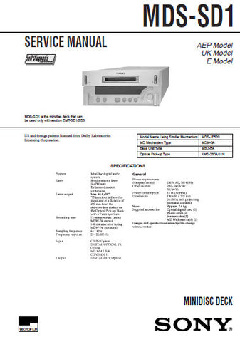 SONY MDS-SD1 MINIDISC DECK SERVICE MANUAL INC BLK DIAGS PCBS SCHEM DIAGS AND PARTS LIST 64 PAGES ENG